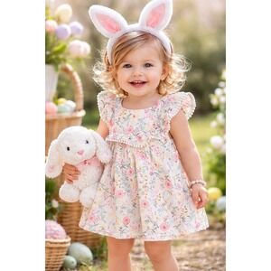 Tommy Bahama Toddler Floral Dress Pom Pom Trim Cotton Size 2T